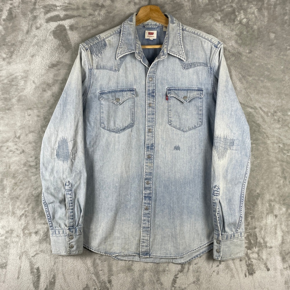 Levis Western Shirt Men M Blue Distressed Denim Long Sleeve Pearl Snap Repaired